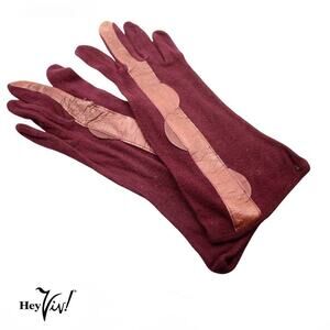 Vintage Gloves Burgundy Rayon w Leather Applique Wrist Length Sz 6 1/2 - Hey Viv